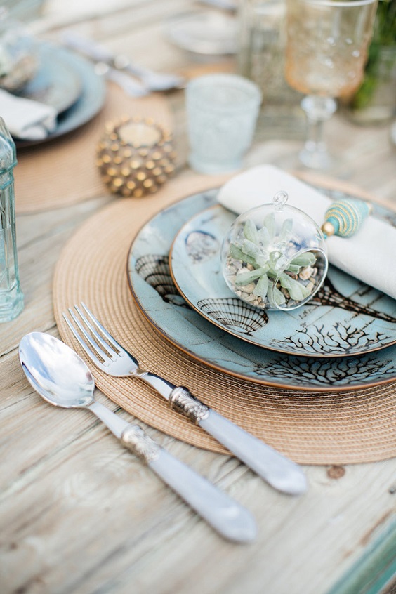 dusty blue dinner plate and brown placemat for dusty brown boho beach wedding